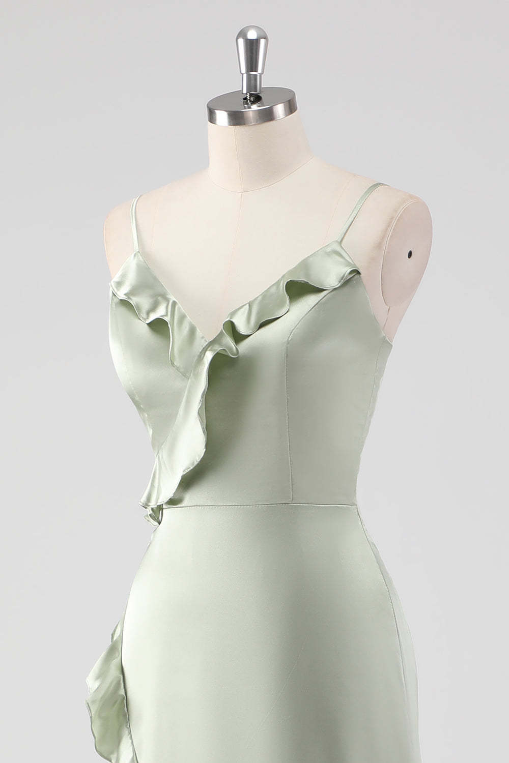 Sage Spaghetti Straps Ruffled Sheath Satin Bridesmaid Dress with Slit