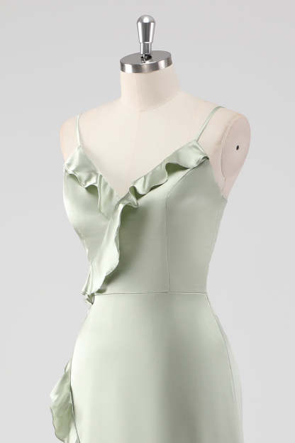 Sage Spaghetti Straps Ruffled Sheath Satin Bridesmaid Dress with Slit