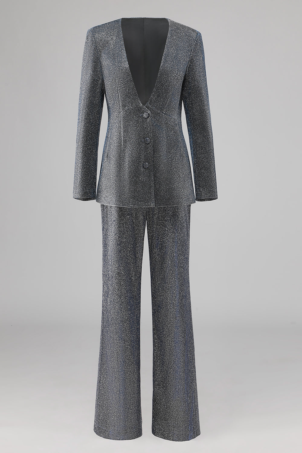 Glitter 2 Piece Grey Blue Deep V Neck Fitted Women Suits