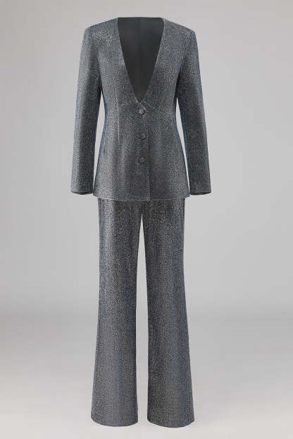 Leely Glitter 2 Piece Grey Blue Deep V Neck Fitted Women Suits
