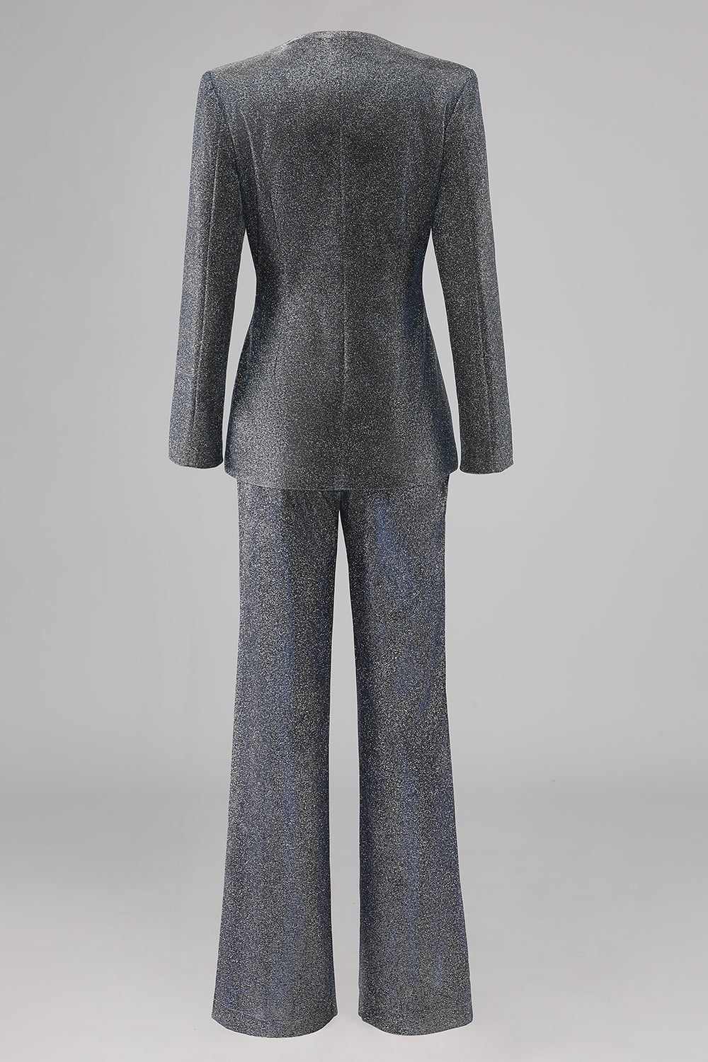 Glitter 2 Piece Grey Blue Deep V Neck Fitted Women Suits