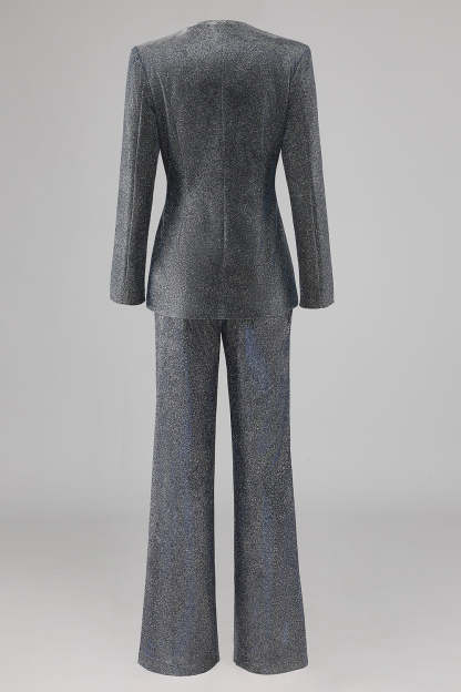 Glitter 2 Piece Grey Blue Deep V Neck Fitted Women Suits