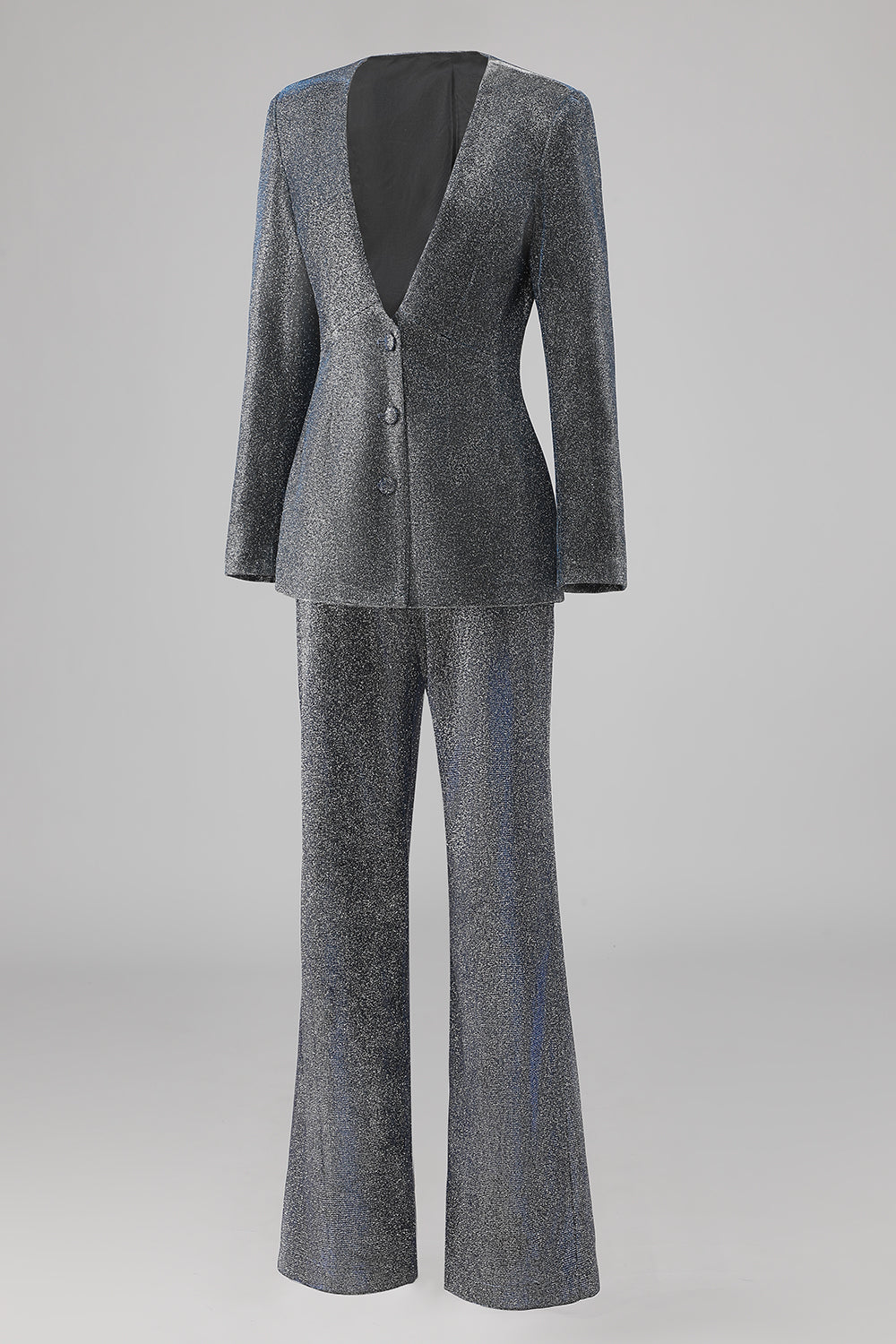 Glitter 2 Piece Grey Blue Deep V Neck Fitted Women Suits