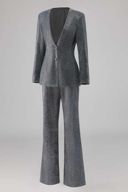 Glitter 2 Piece Grey Blue Deep V Neck Fitted Women Suits