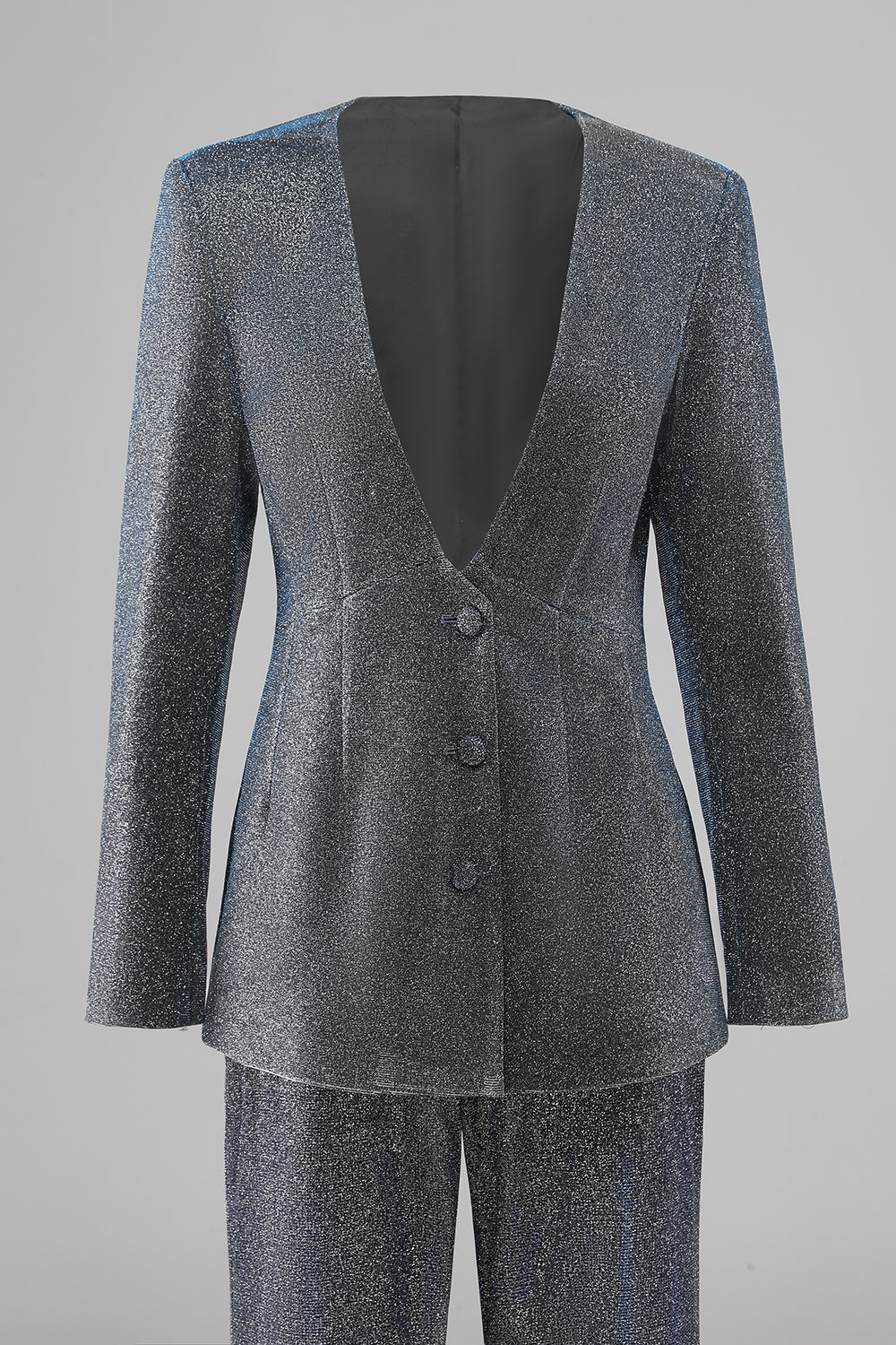 Glitter 2 Piece Grey Blue Deep V Neck Fitted Women Suits