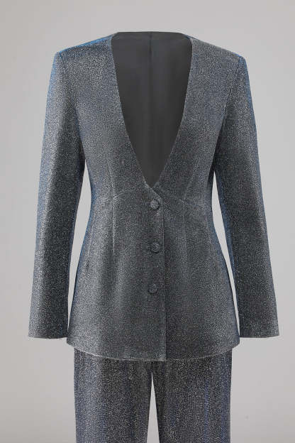 Glitter 2 Piece Grey Blue Deep V Neck Fitted Women Suits