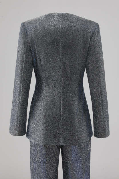 Glitter 2 Piece Grey Blue Deep V Neck Fitted Women Suits