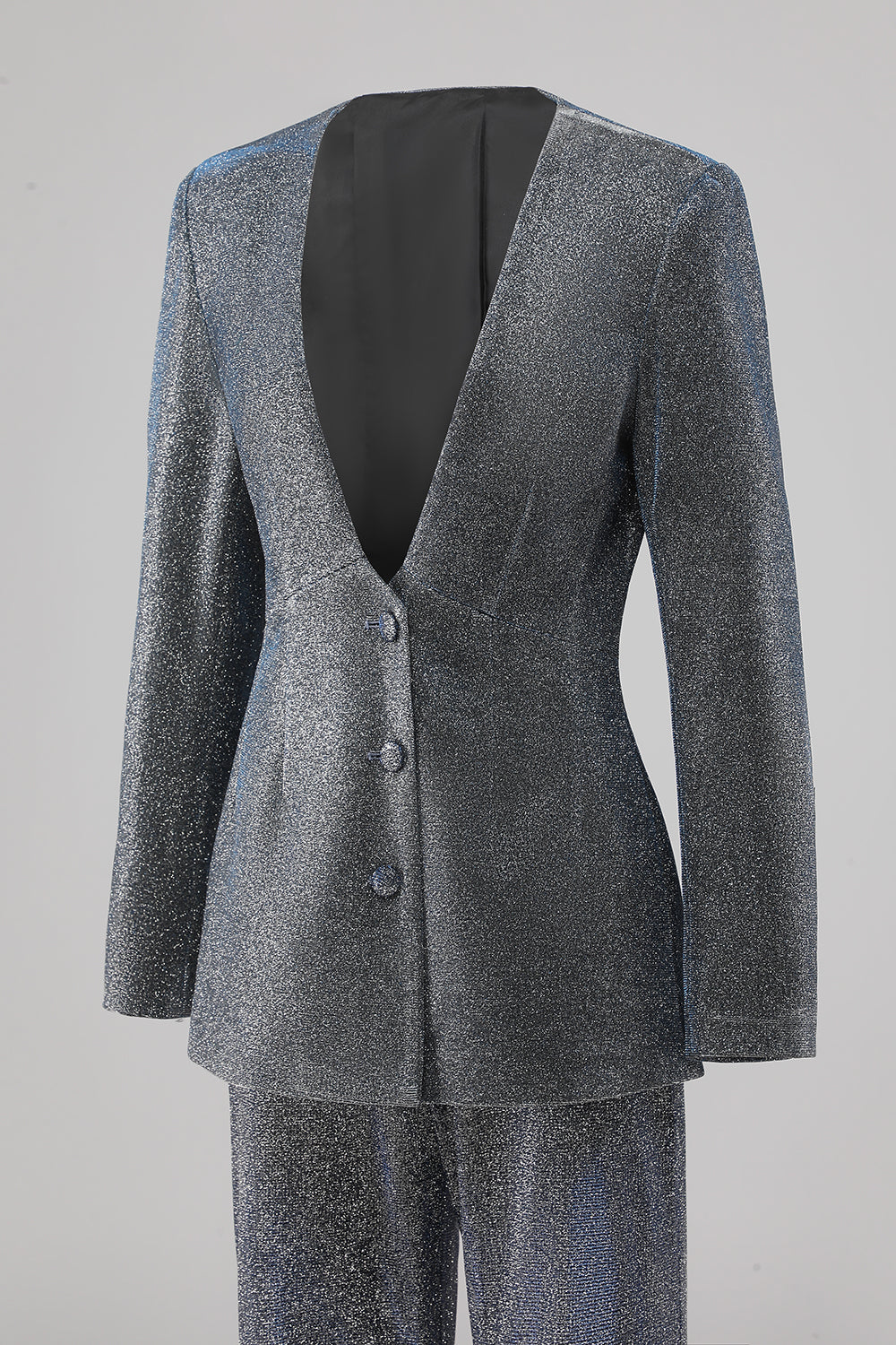 Glitter 2 Piece Grey Blue Deep V Neck Fitted Women Suits