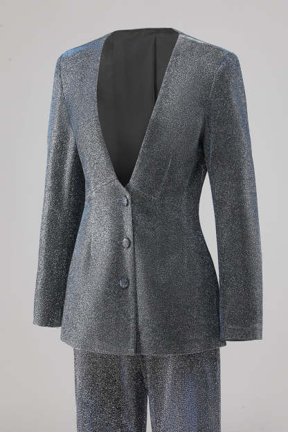 Glitter 2 Piece Grey Blue Deep V Neck Fitted Women Suits