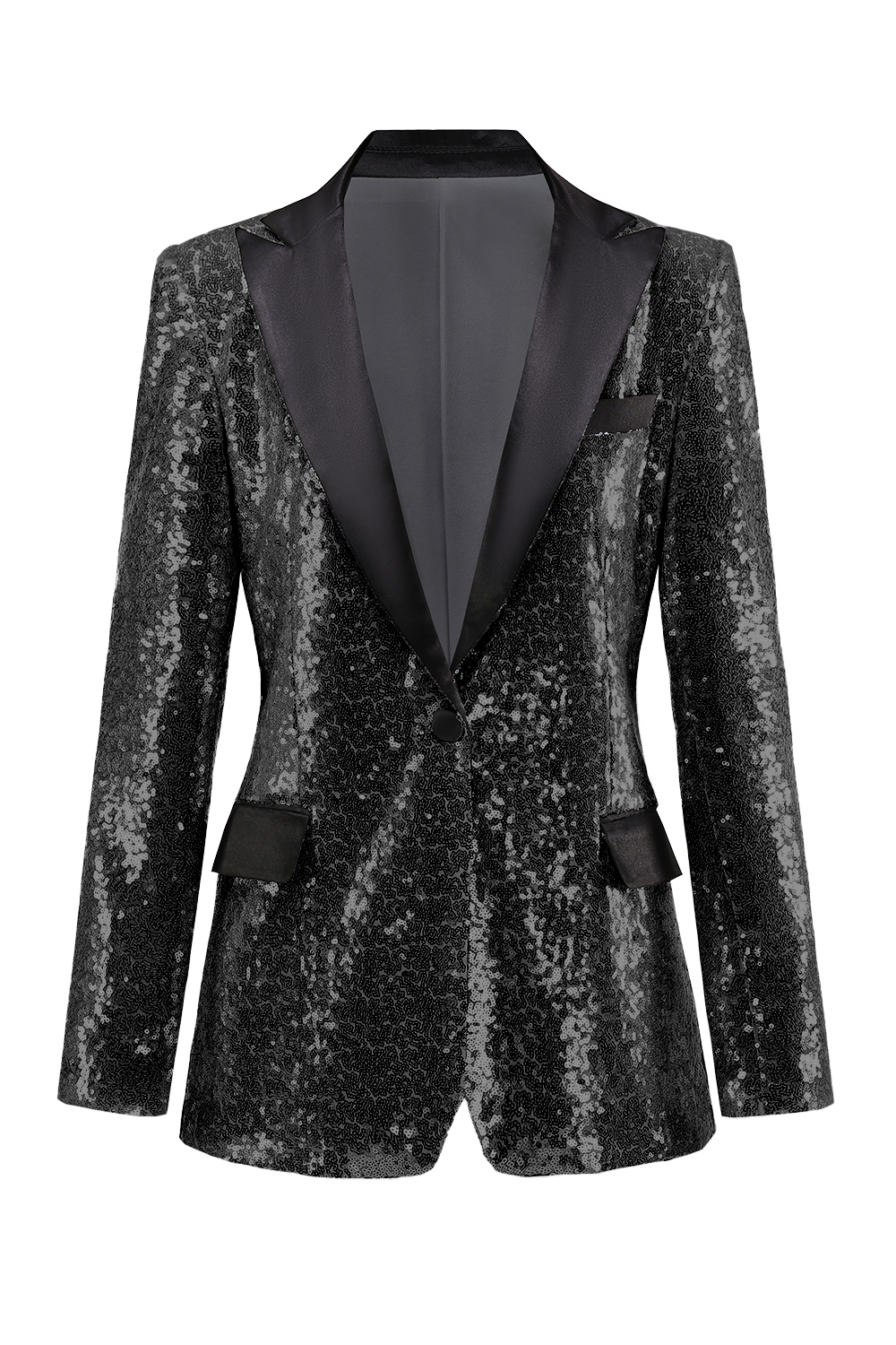 Leely Women Sparkly Silver Black Peak Lapel Women's Prom Blazer Sequined Jacket