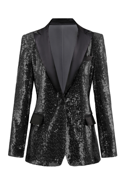 Leely Women Sparkly Silver Black Peak Lapel Women's Prom Blazer Sequined Jacket