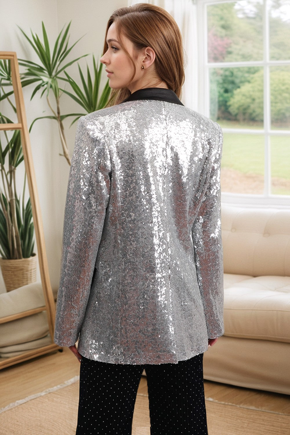 Silver Notched Lapel Sequined Women's Party Blazer