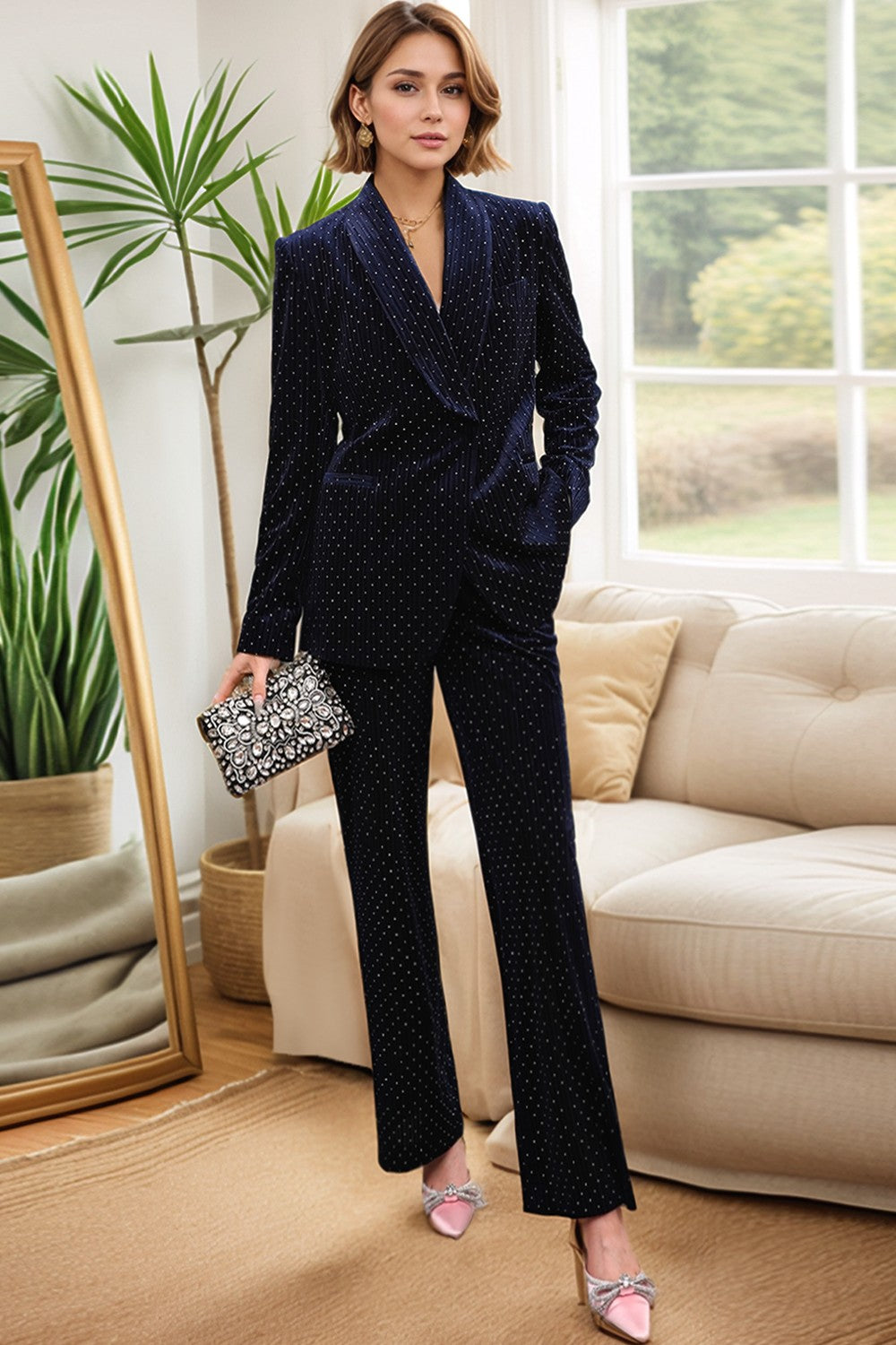 Leely Navy Velvet Shawl Lapel Rhinestone Women's Suits with Belt