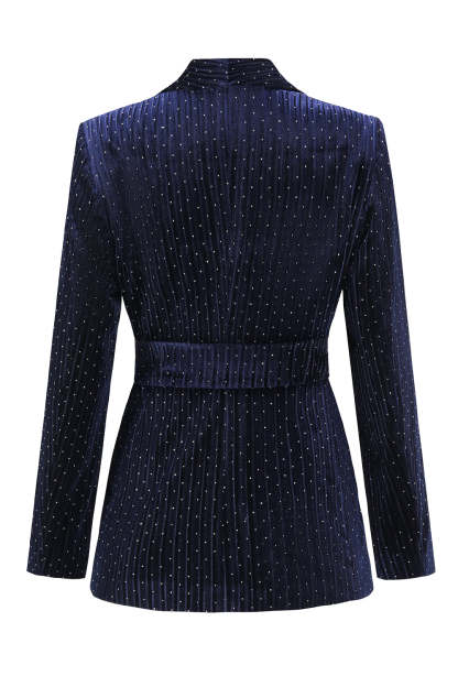 Navy Velvet Shawl Lapel Rhinestone Women's Suits with Belt
