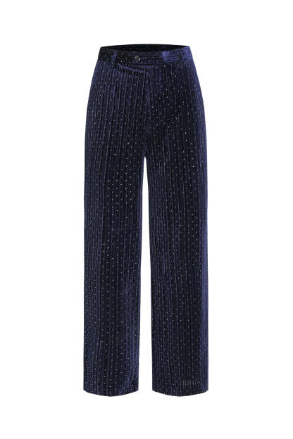 Navy Velvet Shawl Lapel Rhinestone Women's Suits with Belt