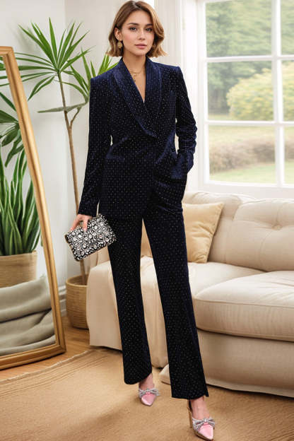 Leely Navy Velvet Shawl Lapel Rhinestone Women's Suits with Belt