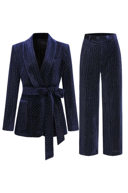 Navy Velvet Shawl Lapel Rhinestone Women's Suits with Belt