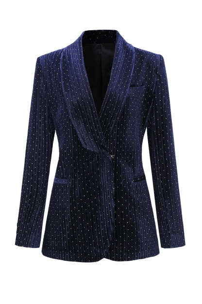 Navy Velvet Shawl Lapel Rhinestone Women's Suits with Belt