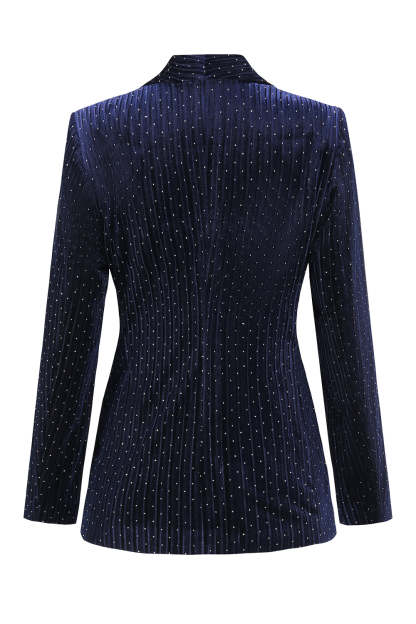 Navy Velvet Shawl Lapel Rhinestone Women's Suits with Belt
