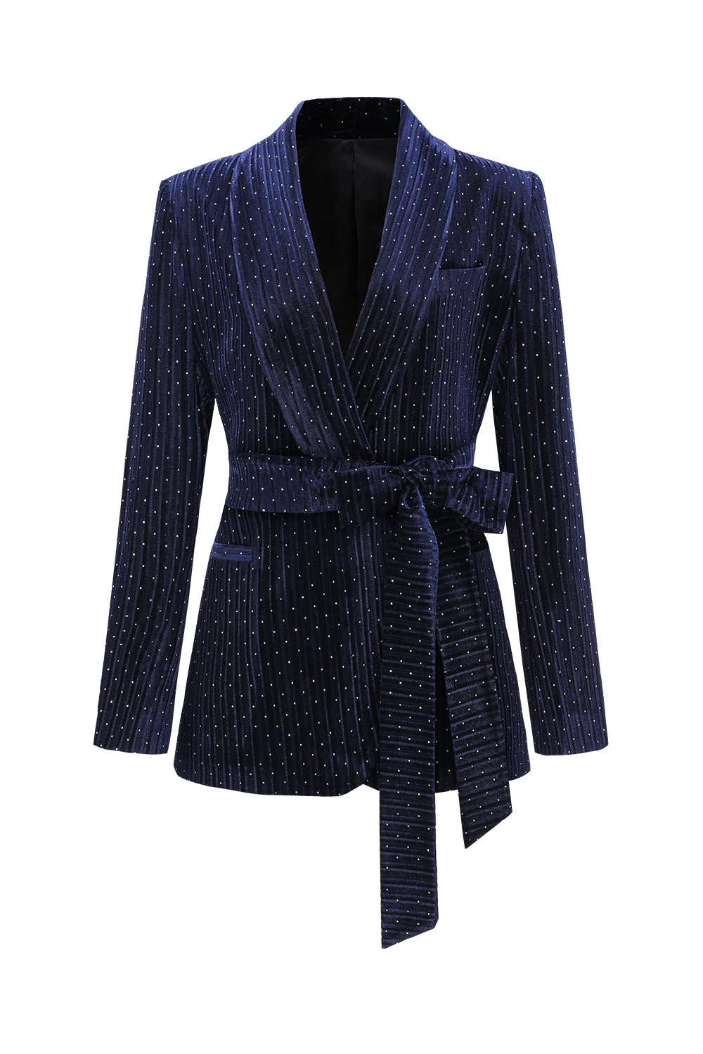 Navy Velvet Shawl Lapel Rhinestone Women's Suits with Belt