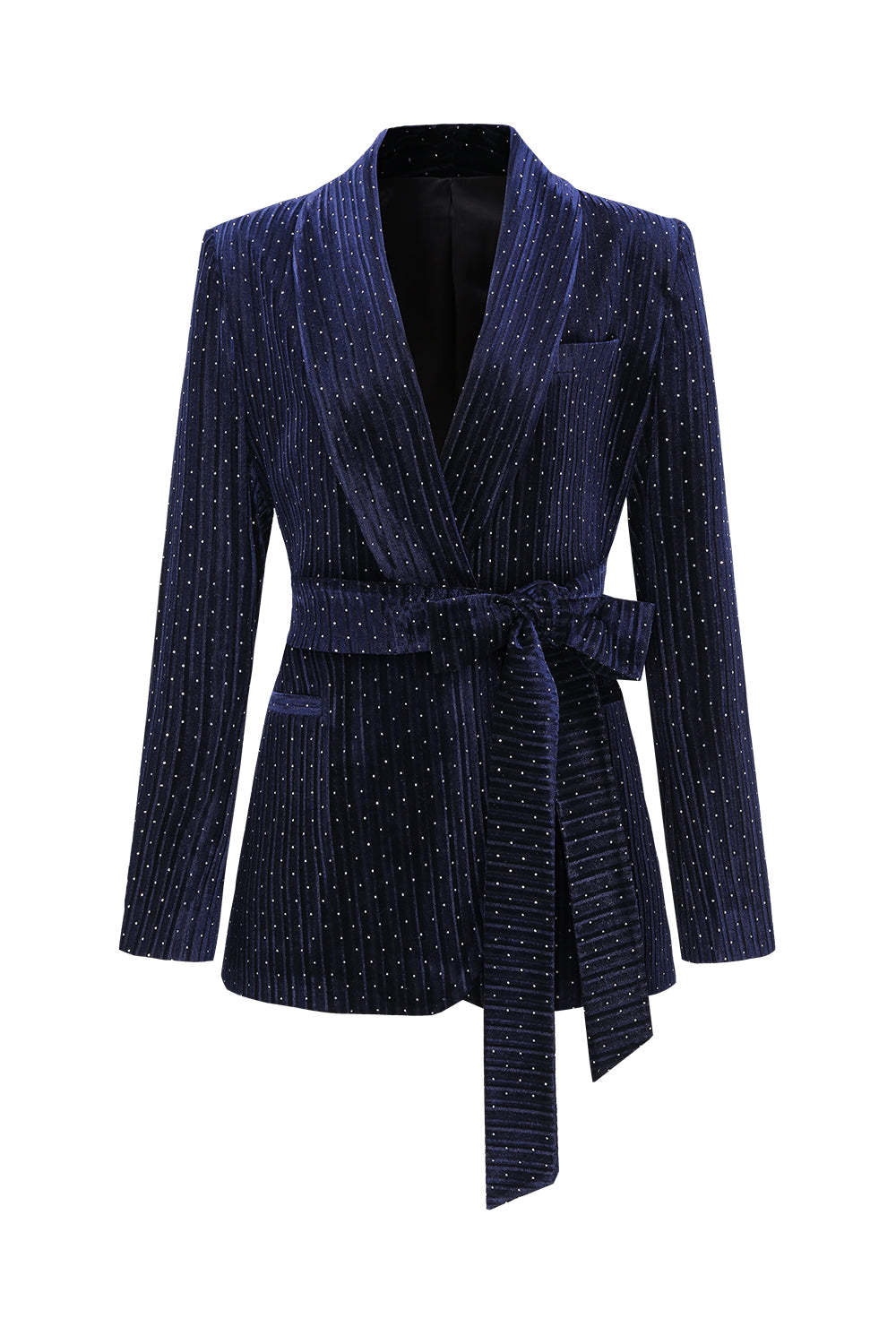 Navy Velvet Shawl Lapel Rhinestone Women's Suits with Belt
