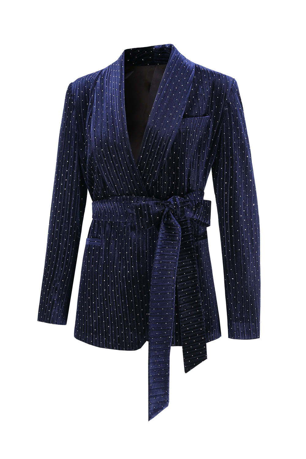 Navy Velvet Shawl Lapel Rhinestone Women's Suits with Belt