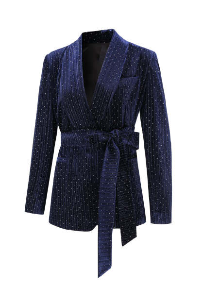 Navy Velvet Shawl Lapel Rhinestone Women's Suits with Belt