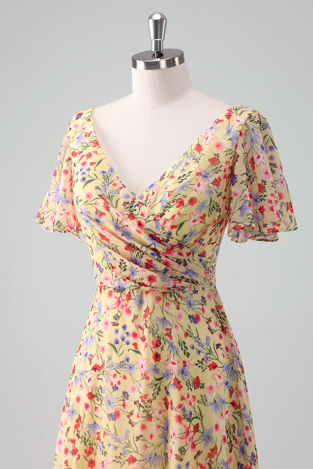 Yellow Flower Printed Chiffon A-Line V-neck Short Sleeves Bridesmaid Dress