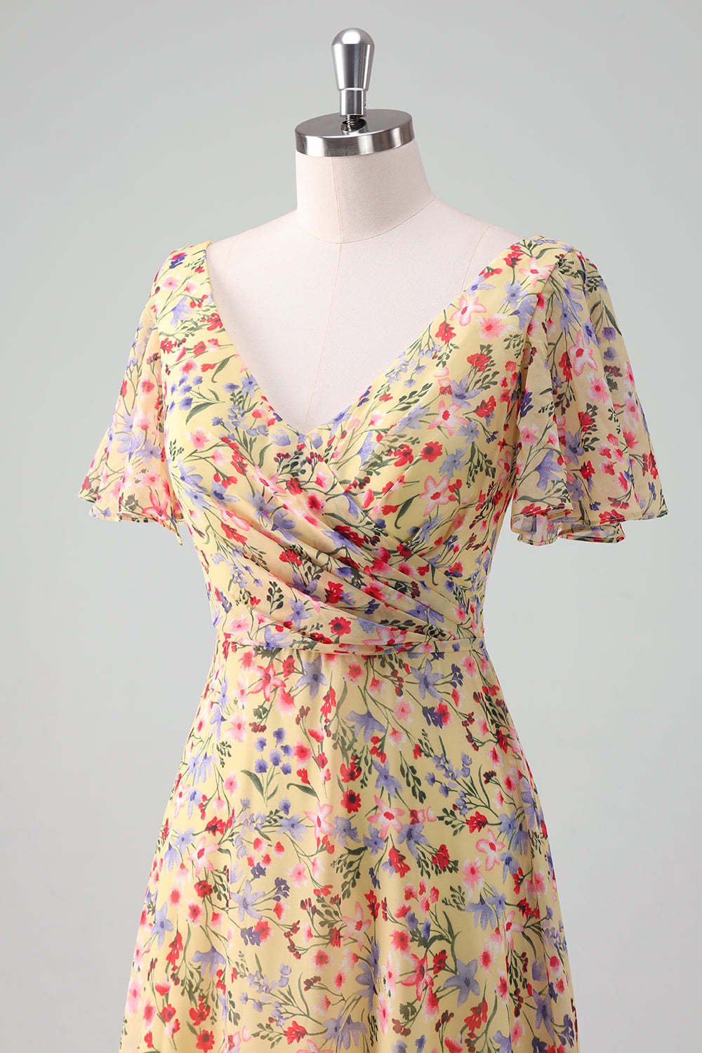 Yellow Flower Printed Chiffon A-Line V-neck Short Sleeves Bridesmaid Dress