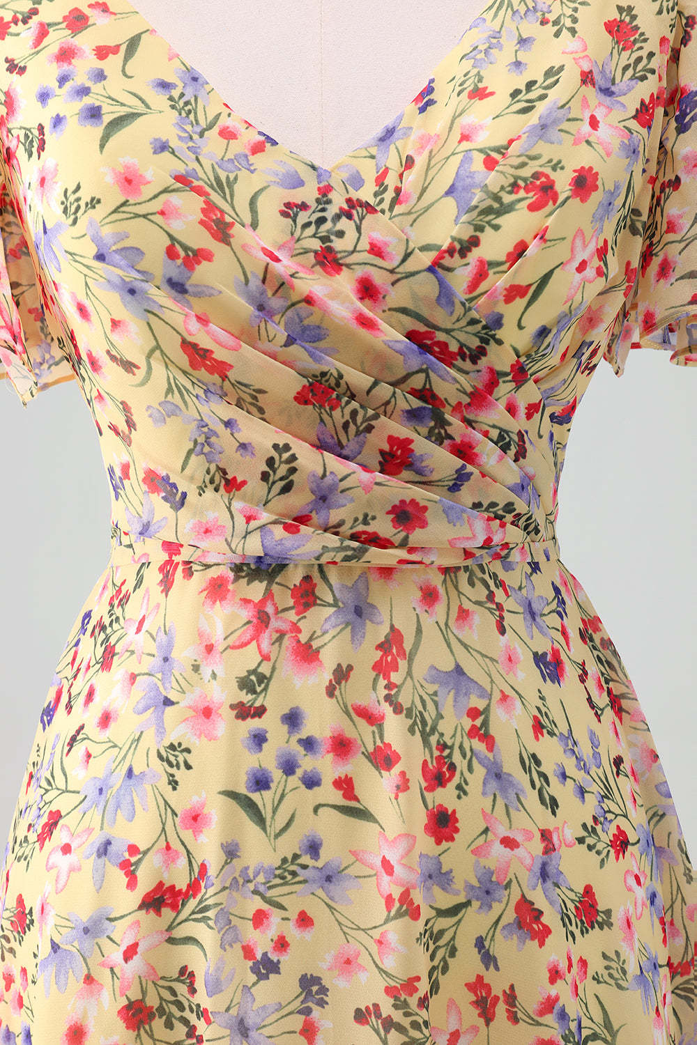 Yellow Flower Printed Chiffon A-Line V-neck Short Sleeves Bridesmaid Dress