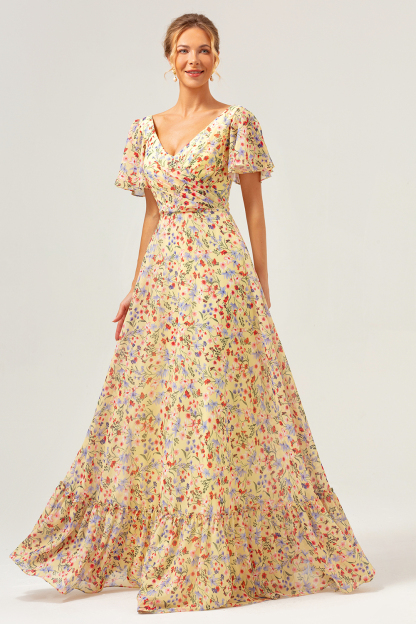 Yellow Flower Printed V-neck Pleated Chiffon A-Line Bridesmaid Dress