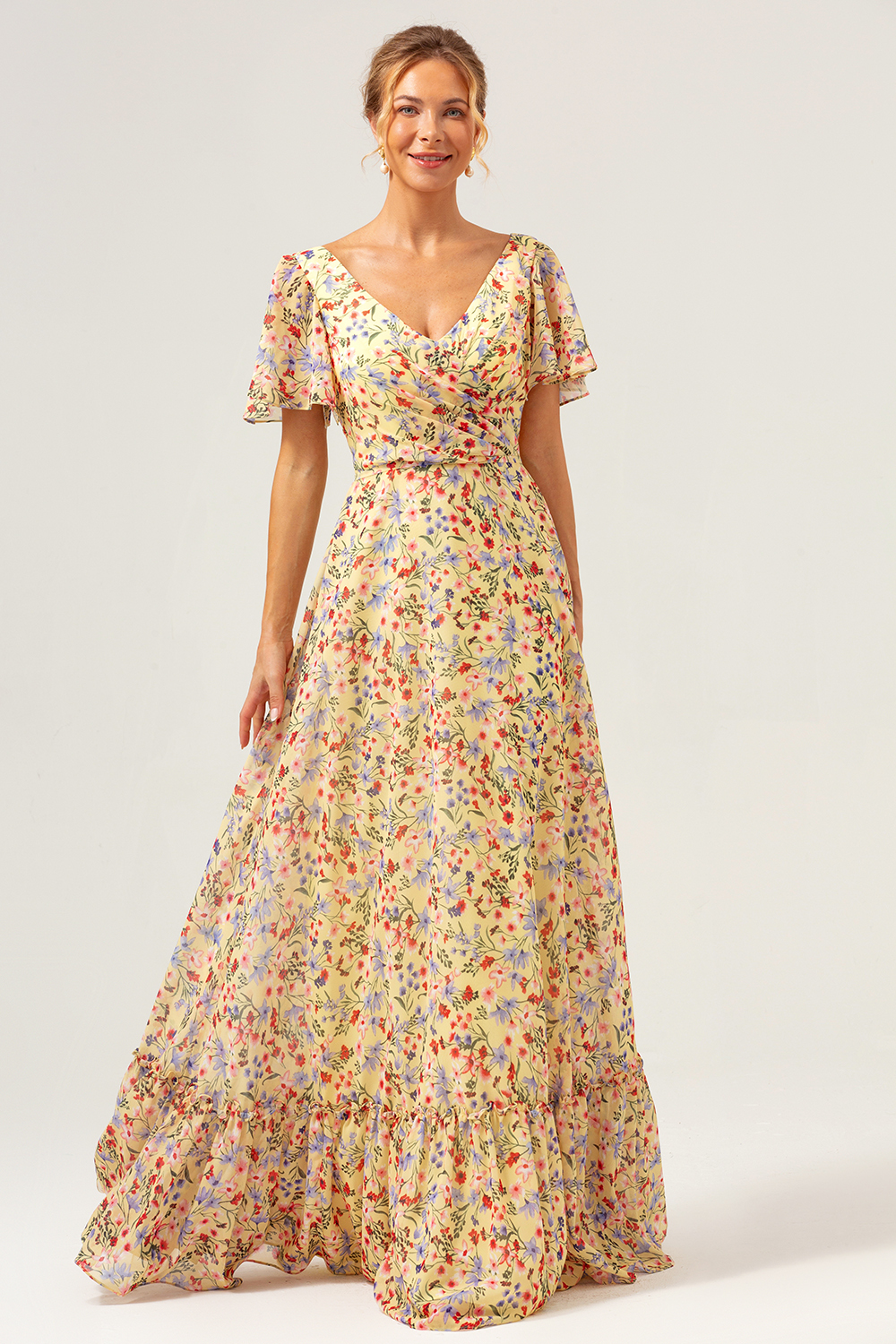 Yellow Flower Printed Chiffon A-Line V-neck Short Sleeves Bridesmaid Dress