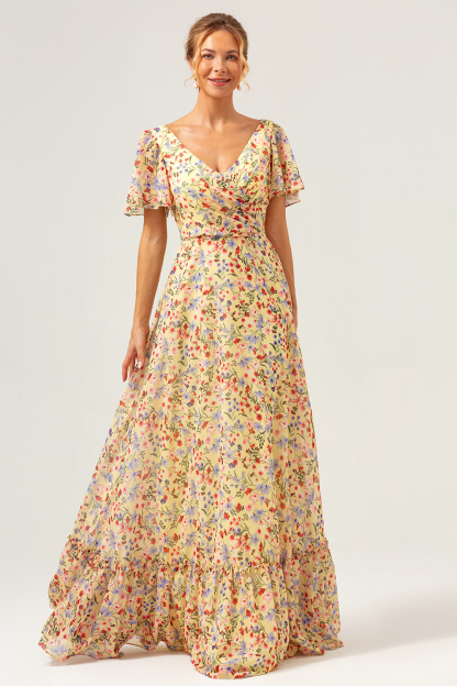 Yellow Flower Printed Chiffon A-Line V-neck Short Sleeves Bridesmaid Dress