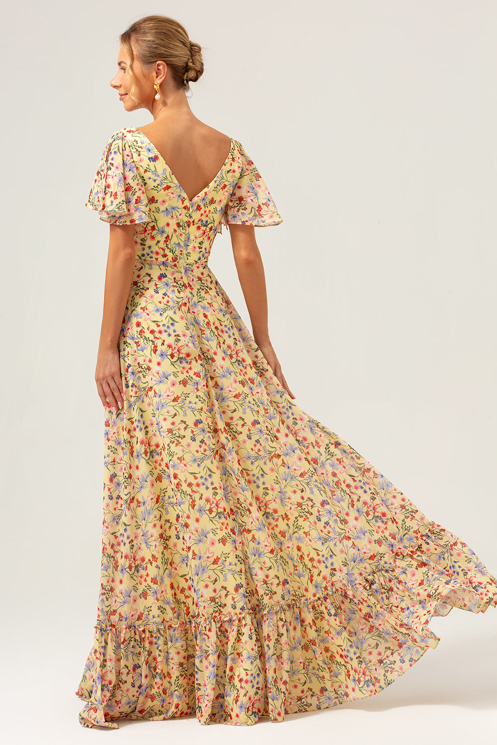 Yellow Flower Printed V-neck Pleated Chiffon A-Line Bridesmaid Dress