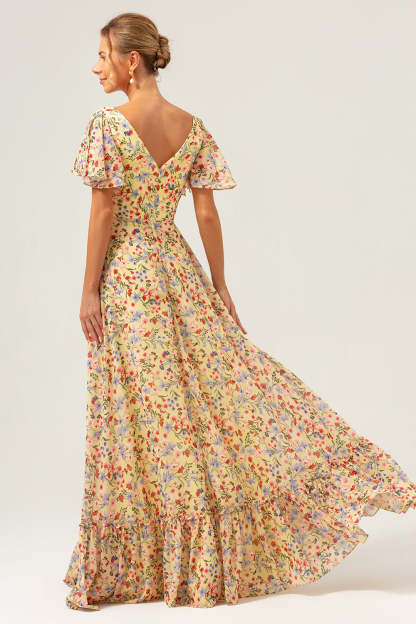Yellow Flower Printed V-neck Pleated Chiffon A-Line Bridesmaid Dress
