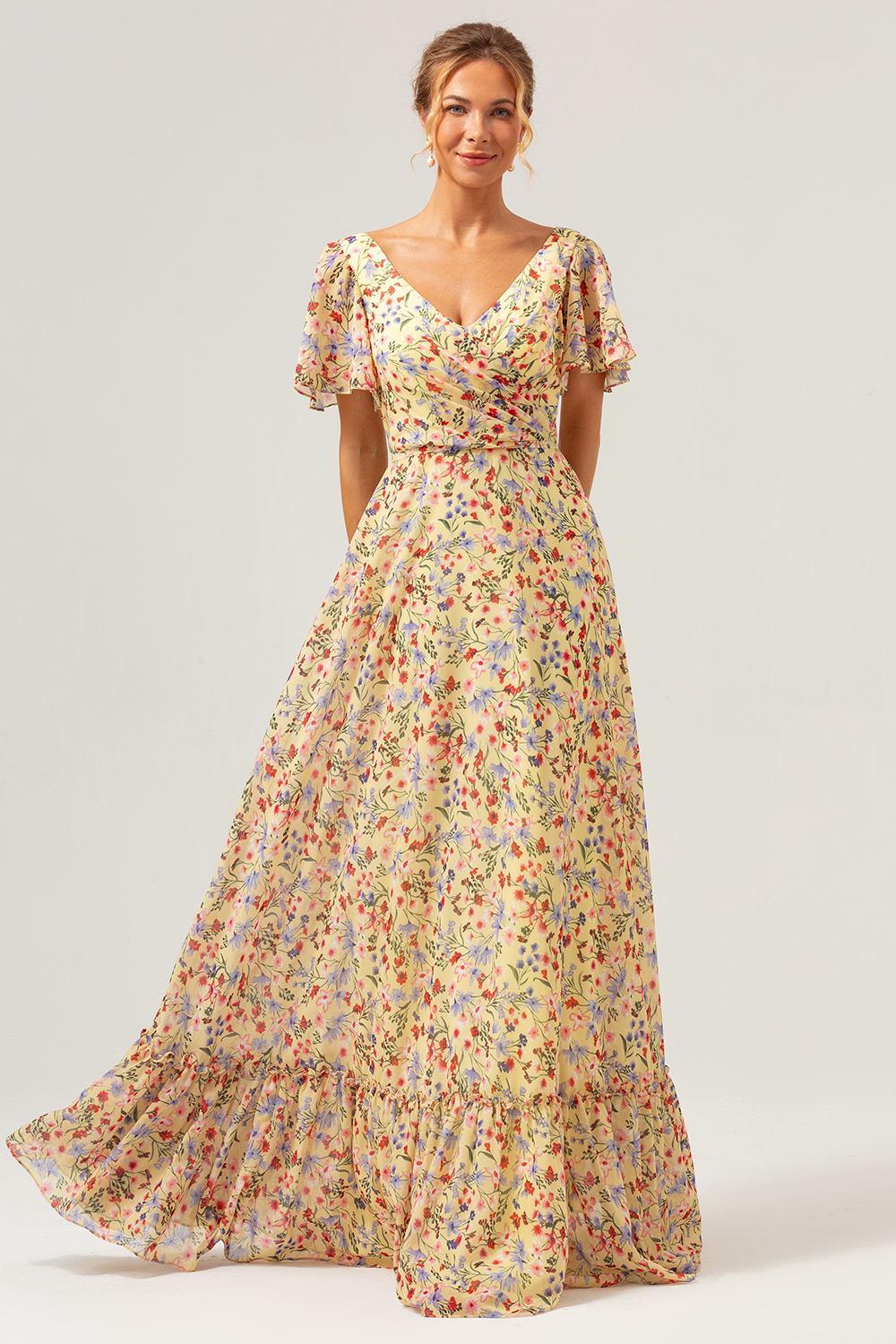 Yellow Flower Printed Chiffon A-Line V-neck Short Sleeves Bridesmaid Dress