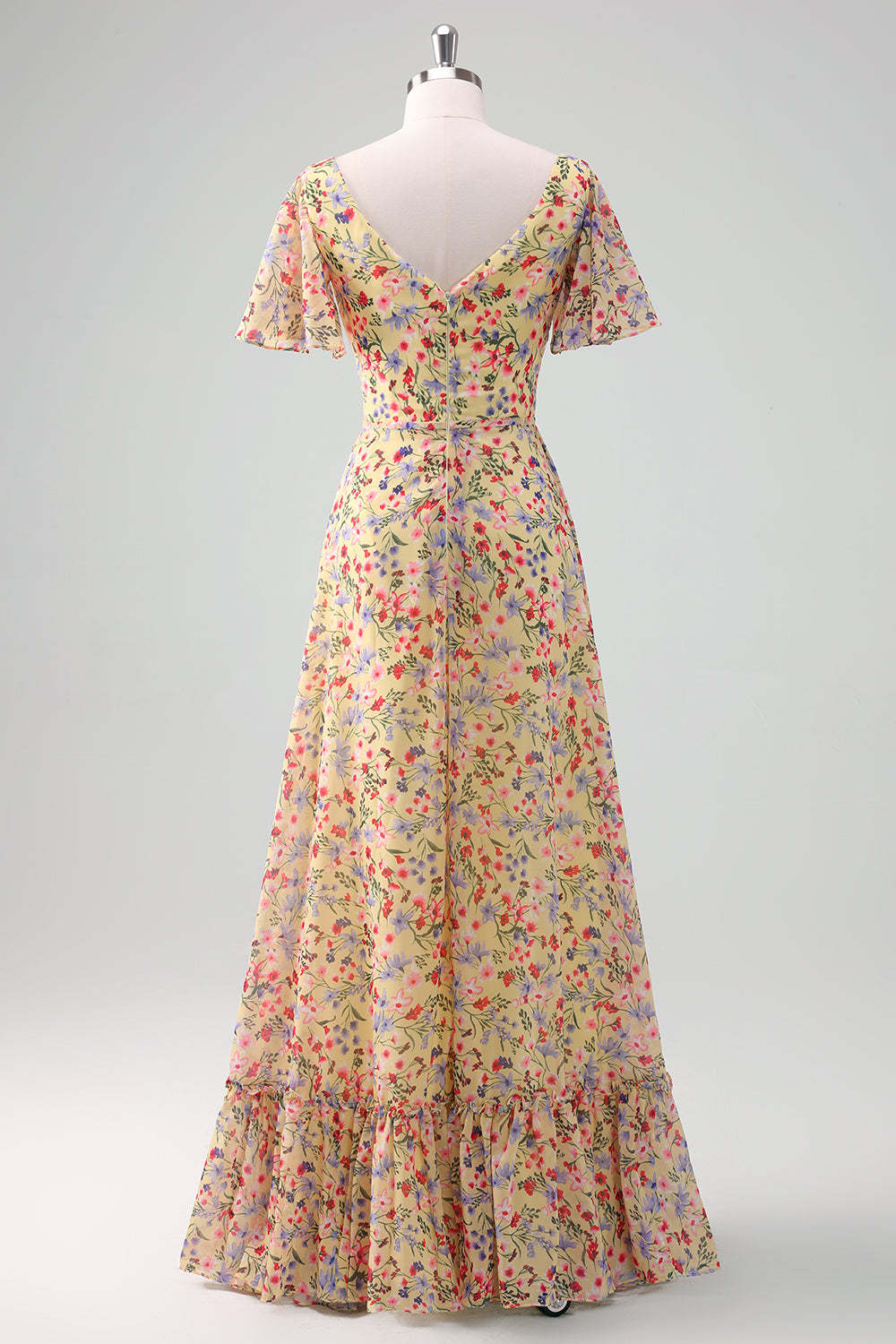 Yellow Flower Printed Chiffon A-Line V-neck Short Sleeves Bridesmaid Dress