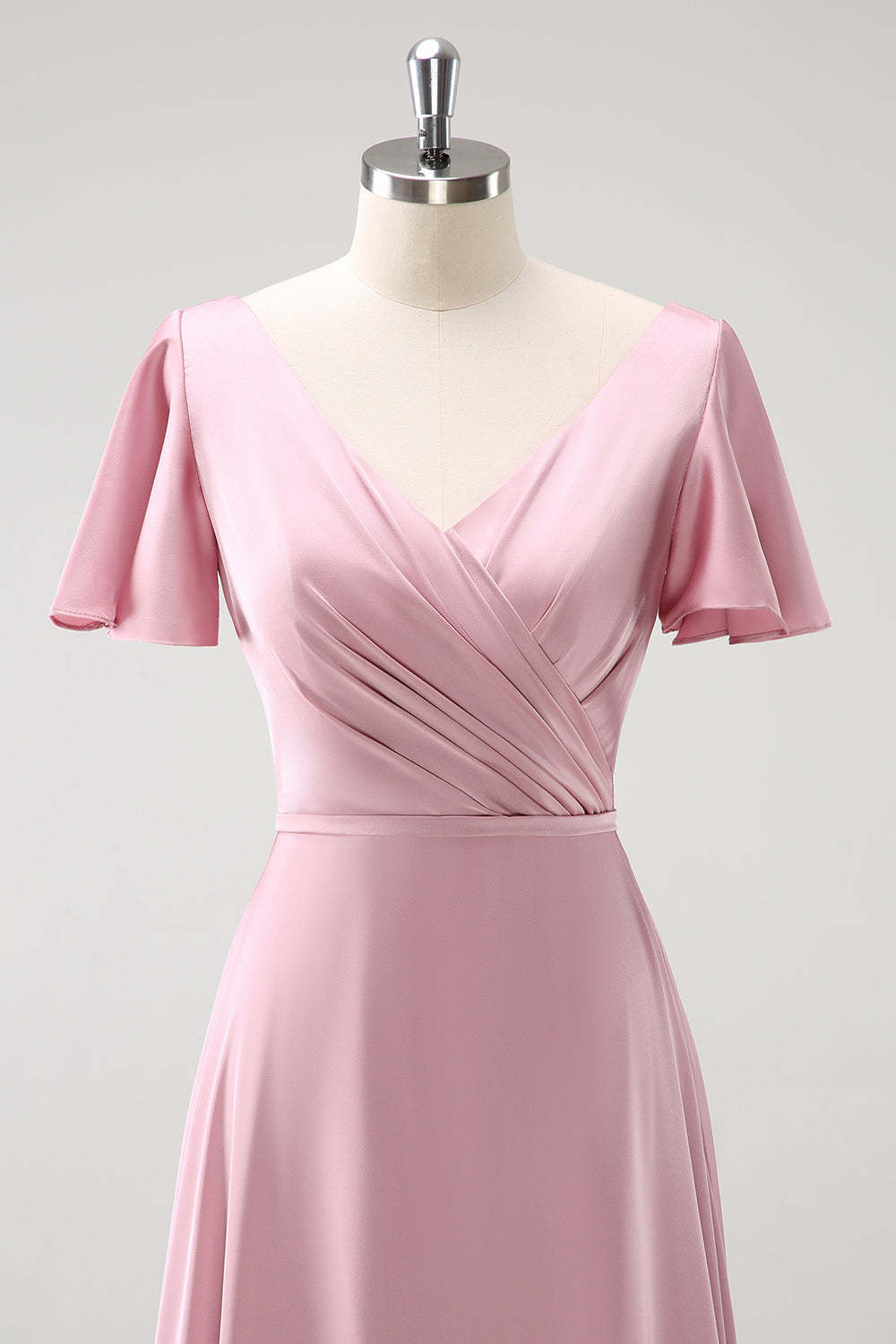 Pink A-Line Ruffle Wrap Short Sleeves Long Satin Bridesmaid Dress