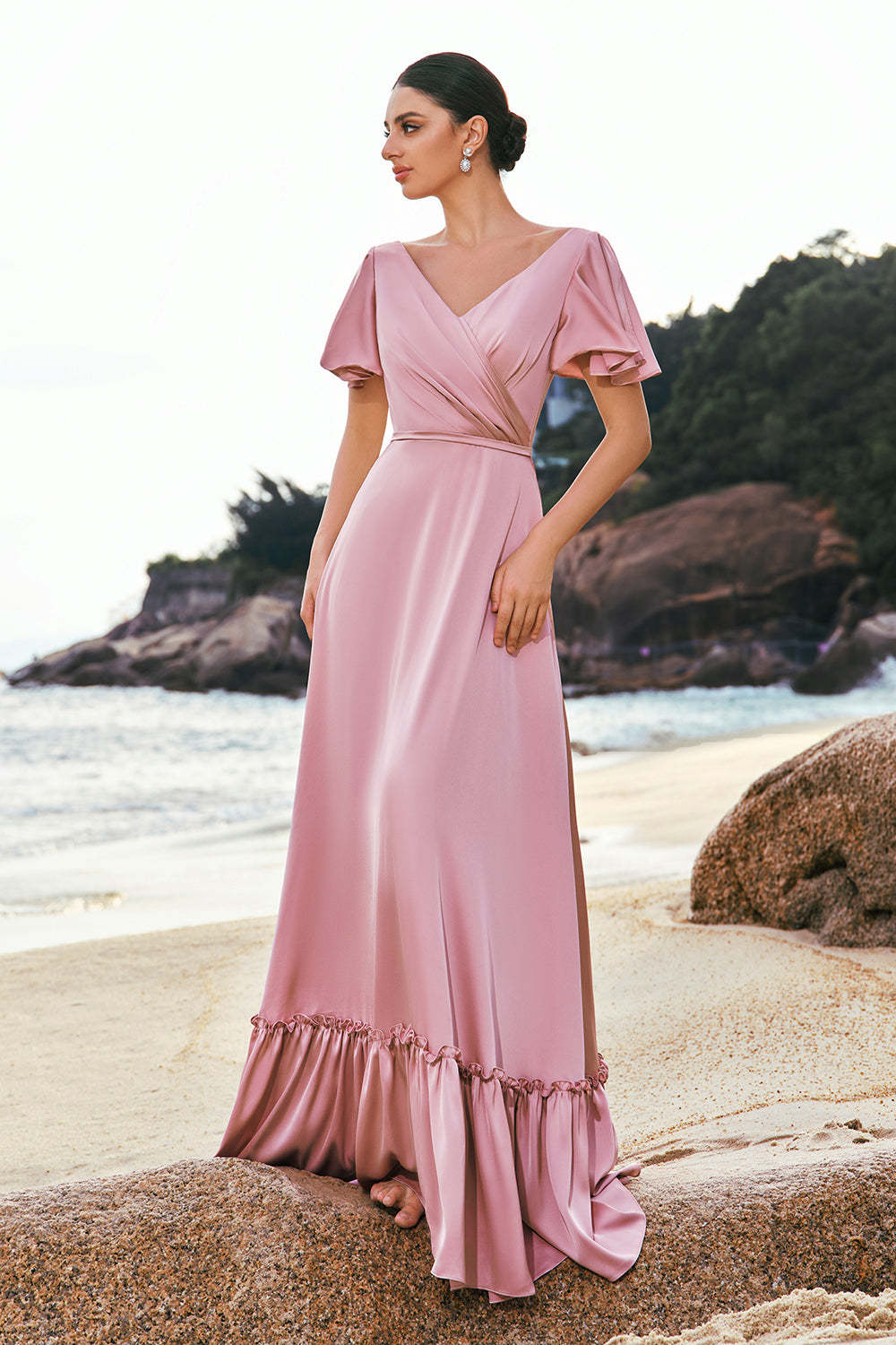 Leely Women Pink Bridesmaid Dress A-Line Ruffle Wrap Short Sleeves Long Satin Wedding Party Dress