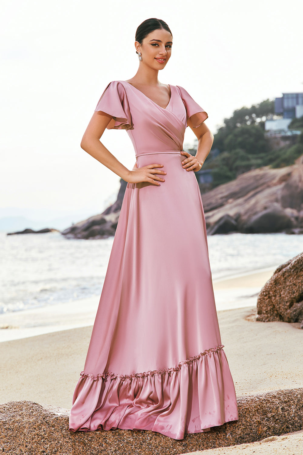 Pink A-Line V-Neck Ruffle Sleeves Wrap Satin Bridesmaid Dress