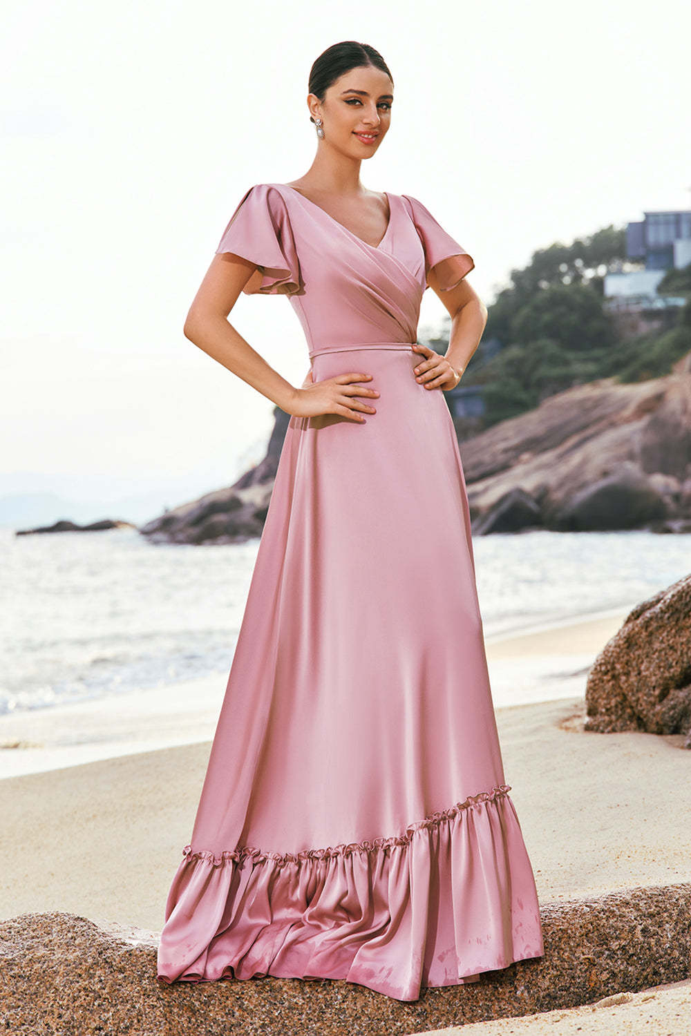 Pink A-Line V-Neck Ruffle Sleeves Wrap Satin Bridesmaid Dress