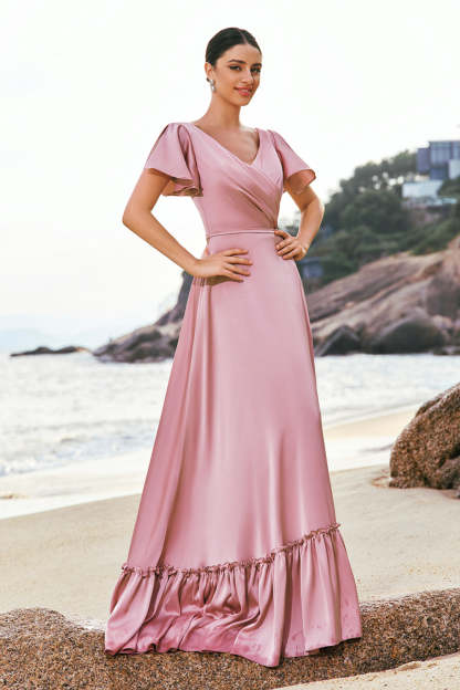 Pink A-Line V-Neck Ruffle Sleeves Wrap Satin Bridesmaid Dress