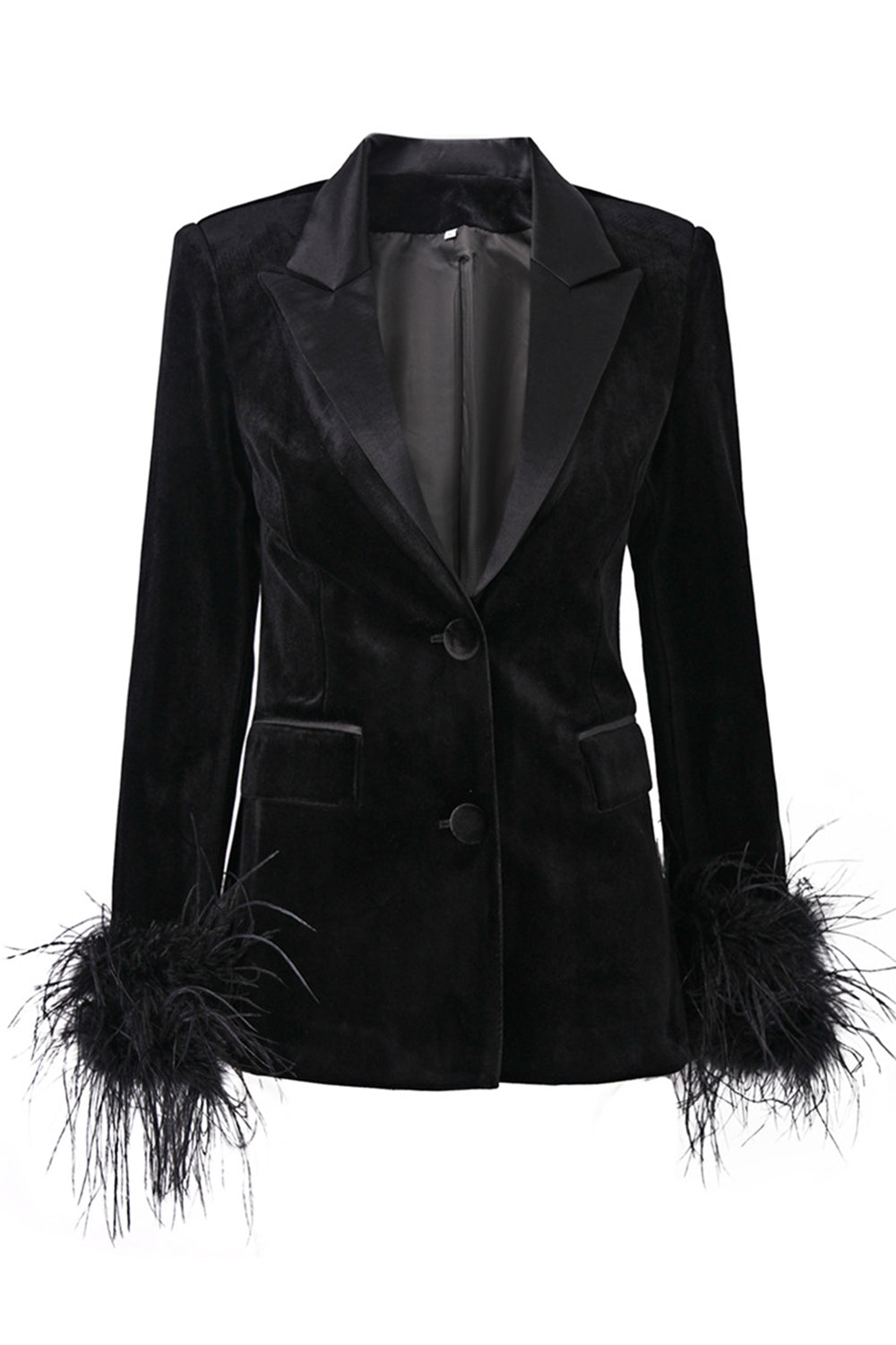 Leely Women Black Peak Lapel Velvet Blazer with Feathers Single Breasted Jacket