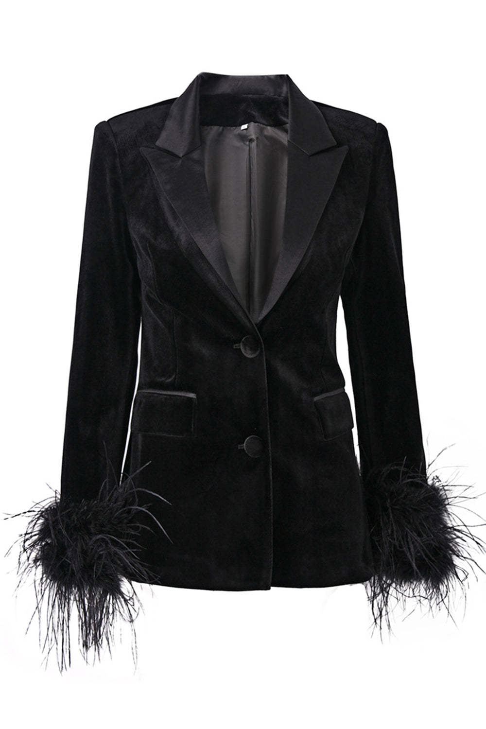 Leely Women Black Peak Lapel Velvet Blazer with Feathers Single Breasted Jacket