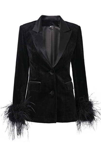Leely Women Black Peak Lapel Velvet Blazer with Feathers Single Breasted Jacket