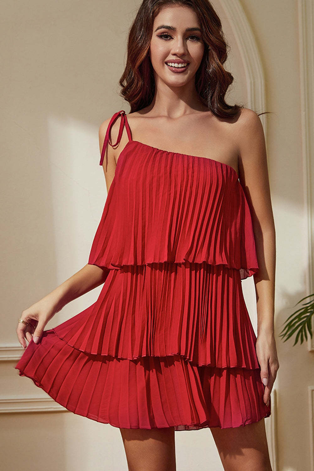 Leely Women Red One Shoulder Pleated Tiered Sheath Short Party Dress