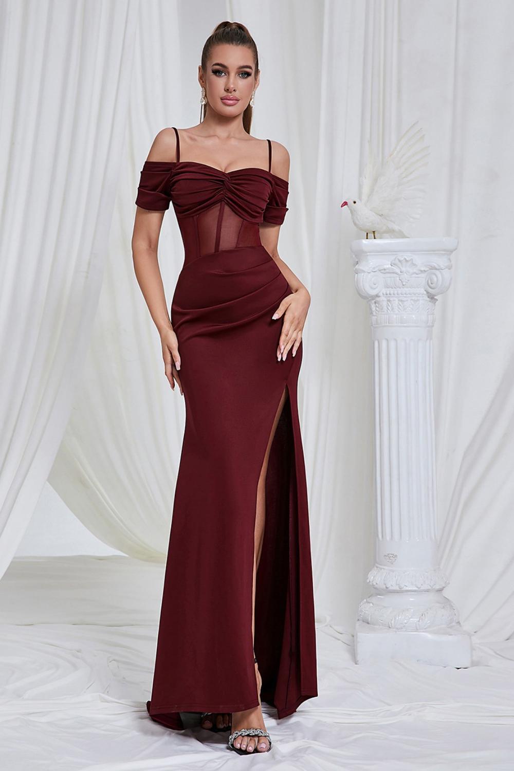 Leely Women Red Prom Dress Mermaid Spaghetti Straps Corset Long Formal Dress with Slit