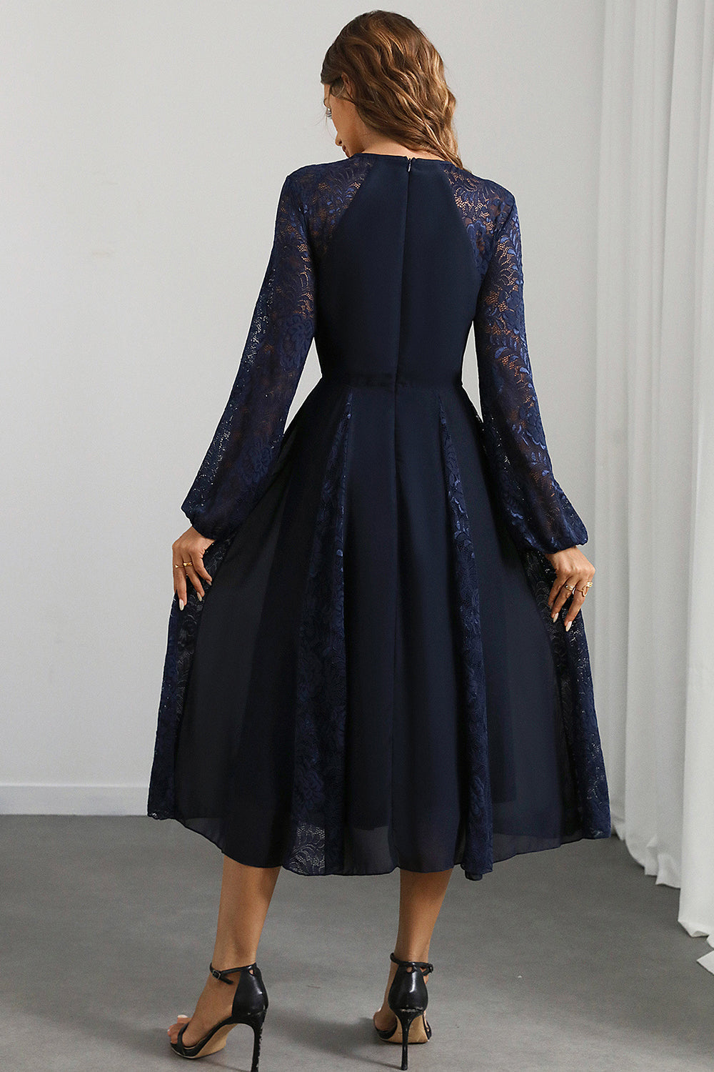 Navy Round Neck A Line Prom Dress with Long Sleeves