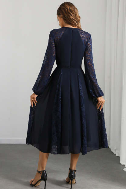 Navy Round Neck A Line Prom Dress with Long Sleeves