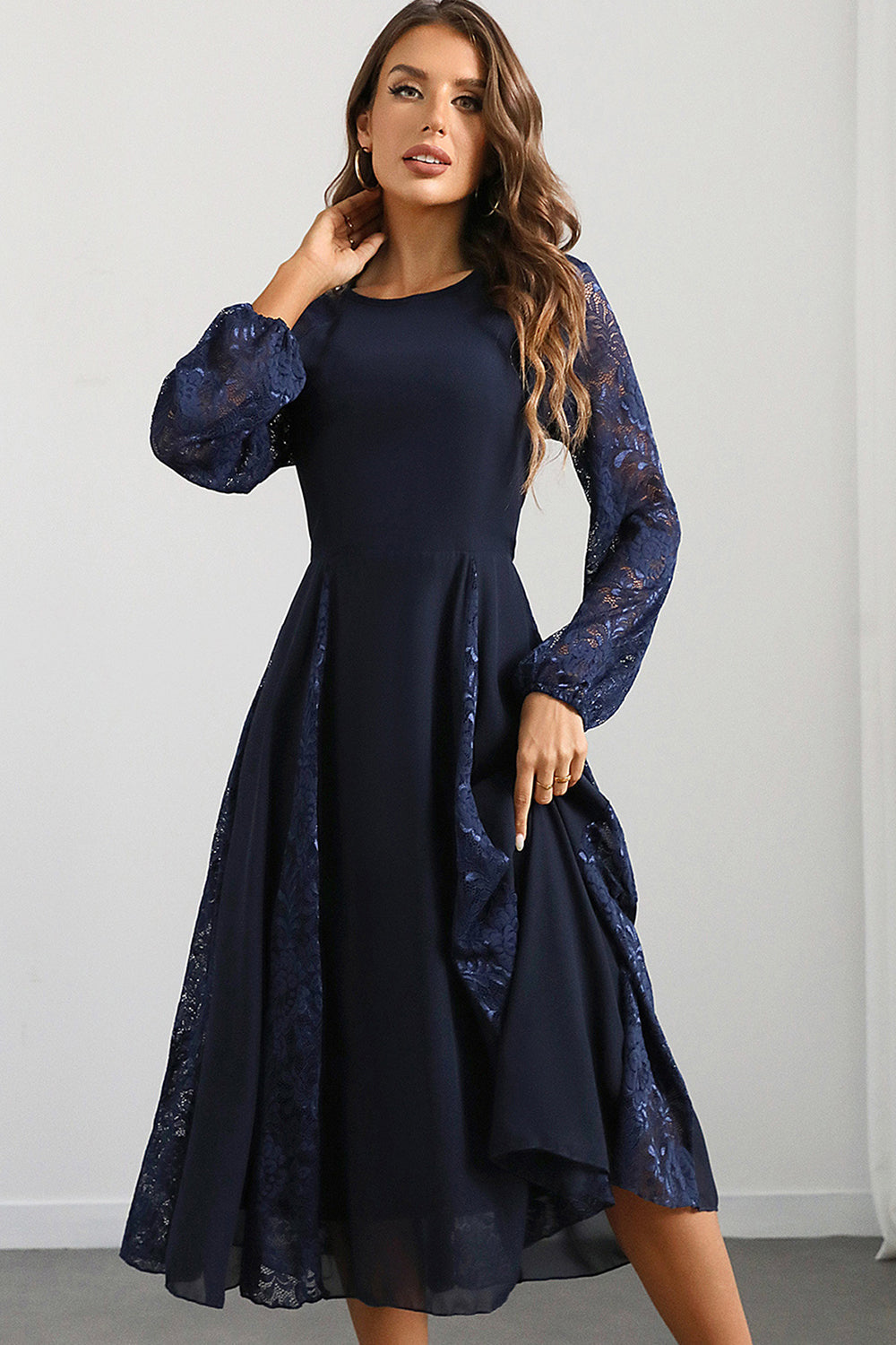 LeelyWomen Navy Prom Dress A Line Round Neck Long Formal Dress with Long Sleeves